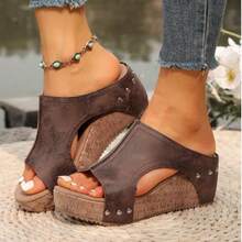 Thick Soled Sloping Heel Retro Waterproof Platform, Comfortable And Elegant Slippers, One Foot Sandals, Women's Shoes - màu nâu - Xem 1