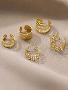 5 Pieces/Set Personalized Geometric Ear Cuffs, No Ear Piercings, C-Shaped Hollow Leaf Earrings, Elegant And Sexy Earrings, Fashionable Ear Clips, Mixed Metal Leaf And Branch Design, Textured Matte Finish, Multi-Cuff Earrings, Versatile Jewelry For Women, Suitable For Women's Daily Wear