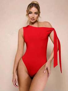 Women's Bodysuit With Tie Bow And Asymmetrical Neckline, Sleeveless, Ideal For Romantic Dates, Casual, Vacation And Summer - 紅色 - 查看 2