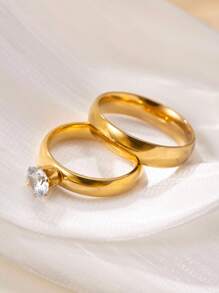 2 件/套 简约不锈钢 18k 镀金情侣戒指 情侣戒指 求婚戒指 新娘和新郎结婚戒指 带粉色皇冠戒指盒 4mm 内外圆形金戒指 适合男女情侣日常婚礼佩戴 - 金色 - 查看 10