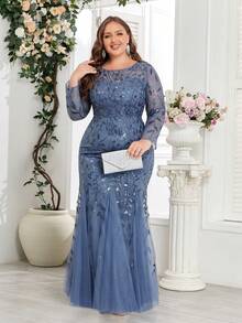 大码美人鱼刺绣花卉亮片礼服，优雅长袖正式晚宴婚礼宾客礼服，适合毕业典礼、晚宴、派对等各种场合，四季皆宜。 - 霧霾藍 - 查看 2