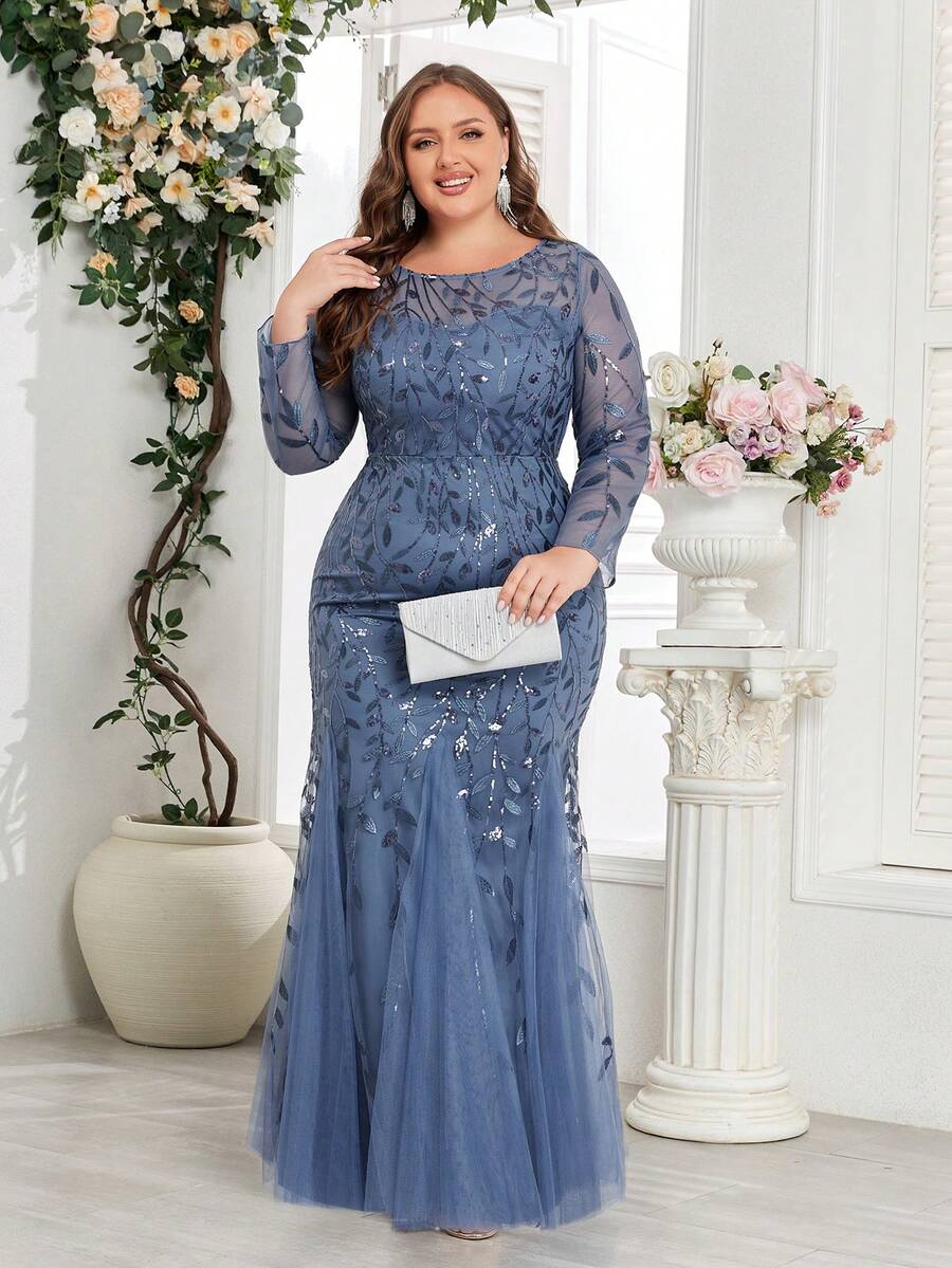 大码美人鱼刺绣花卉亮片礼服，优雅长袖正式晚宴婚礼宾客礼服，适合毕业典礼、晚宴、派对等各种场合，四季皆宜。