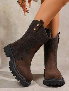 Women's High-End Coffee Brown Leather & Suede Patchwork Mid-Calf Pleated Fashion Motorcycle Boots, Thick Sole Round Toe Minimalist Chelsea Boots For Commuting