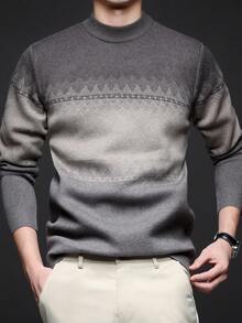 男士厚圆领毛衣，商务休闲提花针织长袖套头衫，适合分层穿着或外套，秋冬 - 淺灰色 - 查看 1