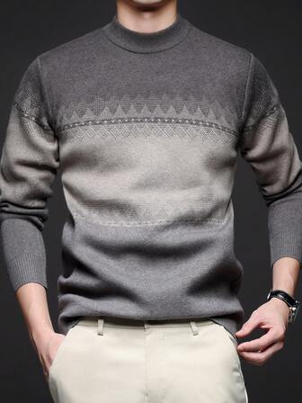 男士厚圆领毛衣，商务休闲提花针织长袖套头衫，适合分层穿着或外套，秋冬