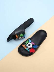 Kids' Fashion Slippers, Minimalist Cartoon Football Non-Slip Soft Bottom Lightweight Boys' Home & Casual Sandals - Black - View 3
