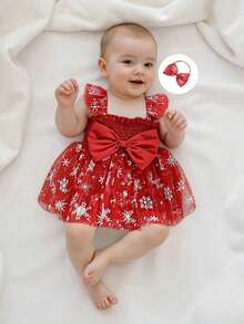 Newborn Baby Girl Christmas Outfit, 1st Christmas Dress Sleeveless Stars Bows Tulle Patchwork Romper Dress With Hairband - 白色 - 查看 1