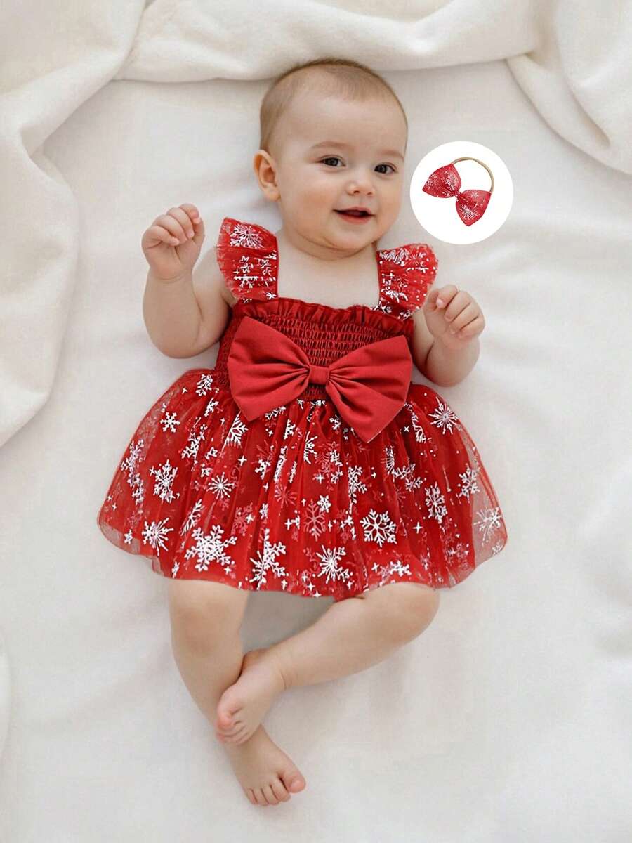 Newborn Baby Girl Christmas Outfit, 1st Christmas Dress Sleeveless Stars Bows Tulle Patchwork Romper Dress With Hairband - 白色 - 查看 1
