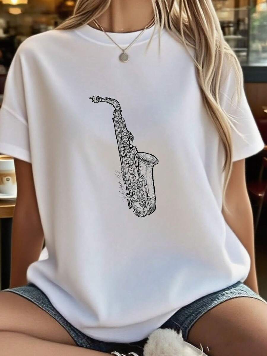 Saxophone Sax Musical Instruments Jazz Drawing Art T Shirt        Summer T-Shirt For Women