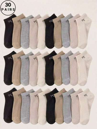 30双混色蝴蝶结设计袜子，简约优雅的日式小丑休闲风，舒适透气，适合运动穿着