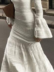 Elegantes vintage Palast-Stil Spitze Glockenärmel Rundhals Rüschen Saum Kleid, Neuankömmling für den Herbst, Damen Herbstkleid - Weiss - Übersicht 7