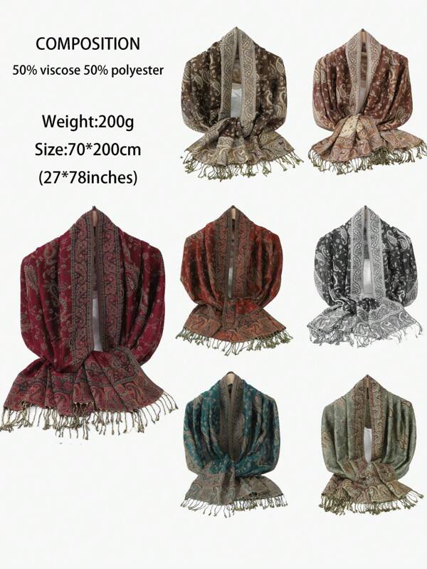 1 Stück Mehrfarbiger Cashew-Muster Vintage Boho Große Pashmina Hijab Schal, Damen Weiche leichte Stola mit langen Fransen für Frühling Herbst, lässiges modisches Kopfaccessoire für täglichen Outfit, Strandüberwurf, Festival Geschenke