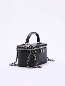 1 pièce Sac carré de mode en PU matelassé avec couture en diamant, motif jacquard gaufré de couleur unie. Sac à fermeture éclair polyvalent et élégant. Sac à main pour femme avec bandoulière en chaîne, matériel en cuivre réglable - Noir - Voir 6