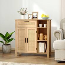 GOFLAME Buffet Sideboard, Boho Storage Cabinet With Rattan Woven Doors, Accent Cabinet With Drawer, Adjustable Shelf & Open Cubbies For Kitchen, Dining Room, Living Room, Hallway, Natural - Khaki - View 3
