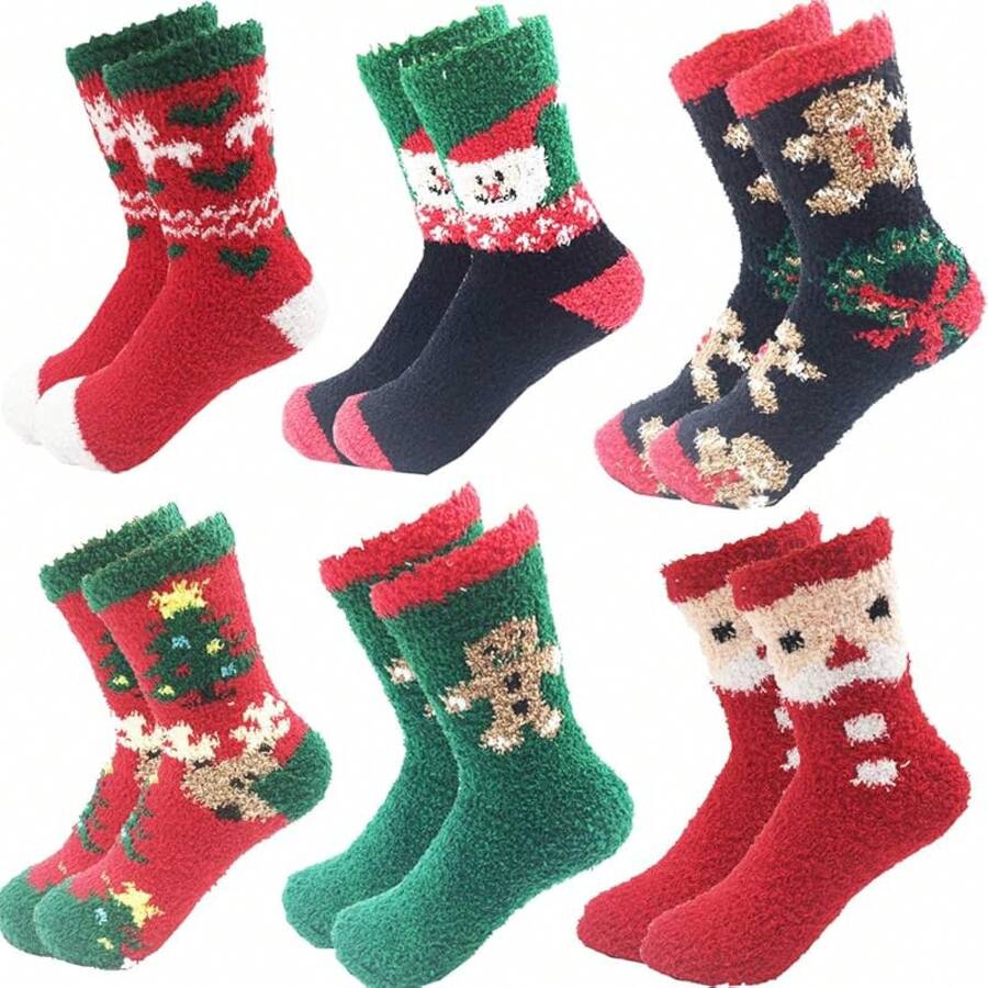 6 Pairs Adult Christmas Holiday Socks - Warm, Cozy Fuzzy Socks With Plus Size And Anti-Slip Bottom