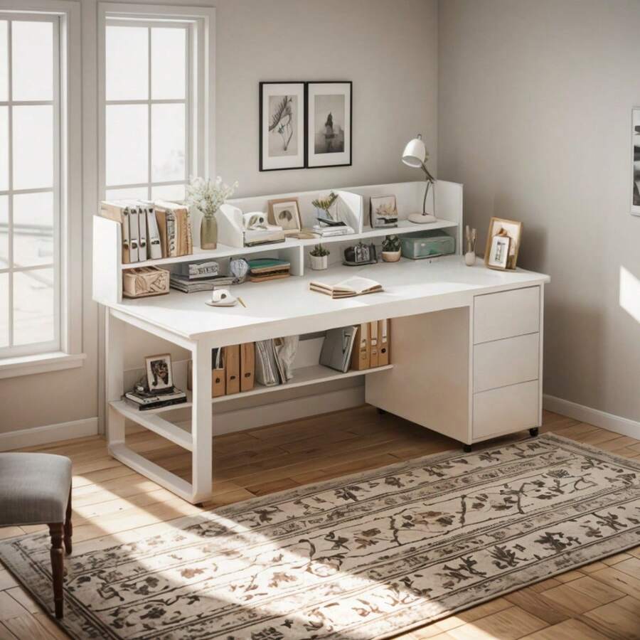 Mesa escritorio oficina color blanco moderno 120 cm para pc trabajo estudio organización hogar muebles decoración minimalista fácil armado superficie amplia resistente accesorios computadoras despacho - Blanco - Ver 1