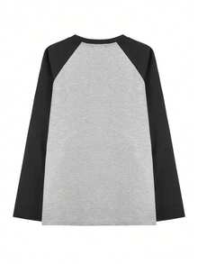 1pc Women's Casual Round Neck Letter Print Contrast Color Loose Fit Long Sleeve T-Shirt Top, Autumn Spring - Dark Gray - View 7