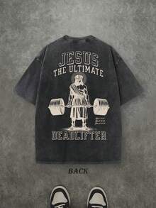 Retro Washed T-Shirt Double Sided Printed (230 Pure Cotton T-Shirt) 'JESUS THE ULTIMATE DEADLIFTER'  Letter Print, Christian Gift, Men's T-Shirt, Men's Casual, Comfortable, Fashionable T-Shirt, Street Style Cotton - màu đen - Xem 2
