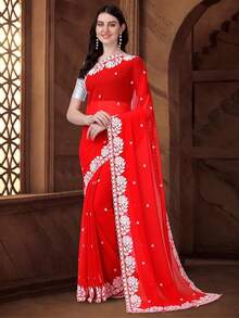 Women's Georgette Embroidery Border Work Designer Saree With Blouse Piece(Red) - Red - View 4