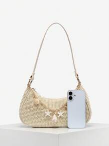 1 件女士复古度假海洋生物仿珍珠樱桃仿毛皮尾巴编织装饰单肩腋下法棍包，适合约会、郊游、度假