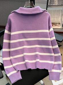 全新秋冬季女士条纹高领毛衣拉链休闲简约套头衫 - 紫色 - 查看 2
