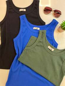 Kit Of 3 Ribbed Tank Tops In Comfortable Cotton Knit, Assorted Colors, Plain, 3 Units - Màu sắc hỗn hợp - Xem 3