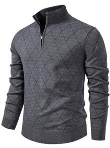Men's Autumn/Winter New Half-Zip Casual Everyday Knit Pullover Sweater, Diamond Line Pattern
