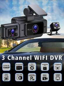 三通道行车记录仪，前后双录，1080P全高清，配备128GB SD卡，3英寸IPS屏幕，夜视功能，170°广角，WDR宽动态范围，24小时停车监控，150mAh电池
