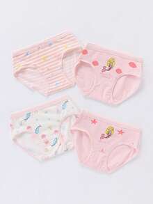 4pcs/Set Cute Cartoon Mermaid Print Girls' Underwear, Suitable For All Seasons