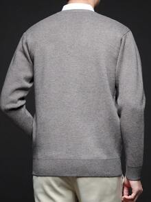 男士厚款V领提花毛衣，休闲商务通勤长袖套头衫，适合分层穿着或外套，秋冬 - 淺灰色 - 查看 7