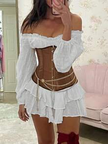 White Flowy Pirate Dress Halloween Fairy Costume Women Girls Y2k Long Sleeve Ruffle Off Shoulder Corset Mini Romper Dress Babydoll Casual Shorts Jumpsuit Cute Preppy Country Concert Cowgirl Outfits Halloween Cosplay Party Dresses - 白色 - 查看 2