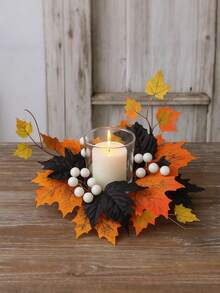 1Pc Halloween Thanksgiving Pumpkin Candle Ring Centerpiece With Autumn Maple Leaves Pinecones Berries Fall Harvest Table Decor Spooky Candle Holder Wreath For Holiday Party Tiered Tray Dining Room Fireplace Mantel Decoration Fall Decor - Multicolor - View 8