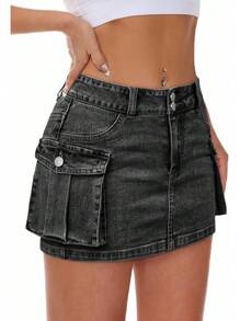 Women Cargo Skirt Low Waist Button Bodycon Y2K Flap Pockets Skirts - S01-黑色 - 查看 6