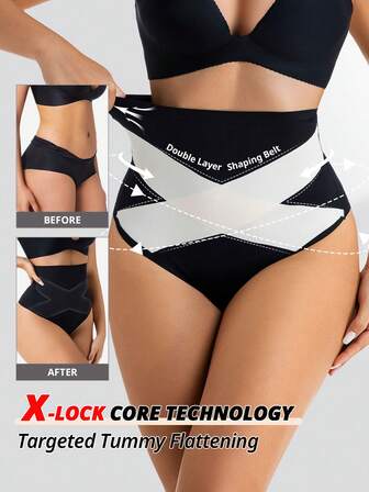 Women Cross Super High Waist Tummy Control Thongs Double Layer Seamless Brief No Show Panty Girdle Body Shaping Underwear Soft Daily Shapewear Bottom