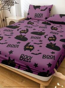 1 pieza Sábana ajustable con estampado de calabaza y gatito, suave y transpirable, diseño de bolsillo profundo, protector de colchón transpirable y anti-pelusas, a prueba de polvo y antideslizante para todas las estaciones, se ajusta a colchones de tamaño individual/doble/queen/king, lavable a máquina