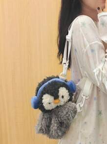 Cute Cat, Penguin, Rabbit Plush Backpack, Cat, Penguin, Rabbit Slouch Small Backpack, Girl Casual Phone Coin Purse, Unique Cartoon Shoulder Crossbody Bag - Grey - View 3