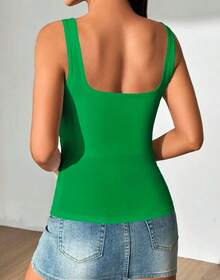 Women's Square Neckline Straight Suplex Tank Top - Green - View 2