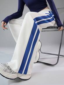 JUTU 条纹宽松白蓝拼接直筒裤，垂坠喇叭裤，复古街头风，春秋款 - 1A55白拼藍 - 查看 10