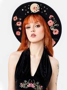 BREITER 1 件女式 Y2K 复古哥特式女巫帽,黑色印花涤纶毡帽,带有精致五角星和蕾丝花边,适合万圣节、圣诞节、化妆舞会、节日礼物 - 平簷禮帽 - 查看 24