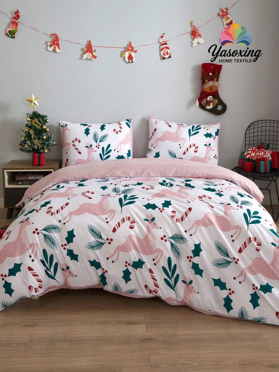 Christmas Elk Pattern Duvet Cover Set Without Filler - Multicolor - View 1