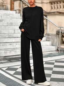 Women Fall 2 Piece Sweatsuit Set  Drawstring Wide Leg Jogger Sweatpants Loose Matching Lounge Sets Sport Airport Tracksuit Outfits - Black - View 4