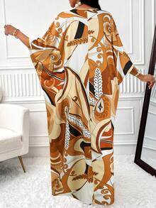 BIUBIU 夏季时尚优雅度假大码女式V领蝙蝠袖开衩植物印花连衣裙（随机印花）