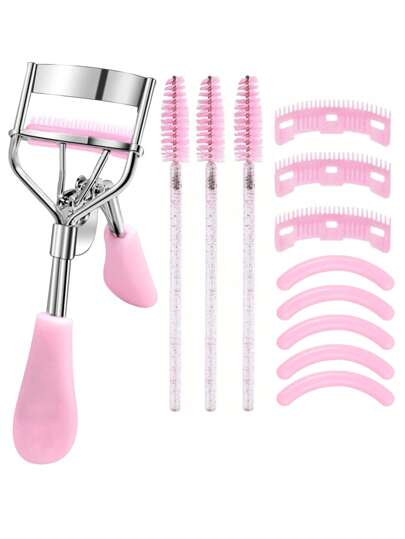 12件套睫毛夹套装，包含1个睫毛夹、3个替换刷头、3个睫毛梳和5个替换垫片，专为女性打造卷翘美睫而设计（粉色）。这款便携式睫毛夹是打造卷翘睫毛的必备美妆工具，适合居家、旅行和商业用途，男女皆宜。价格实惠，是圣诞礼物、化妆品、化妆工具、平价好物、礼品、女士礼物、圣诞礼物、赠品、旅行必备品等的理想之选。