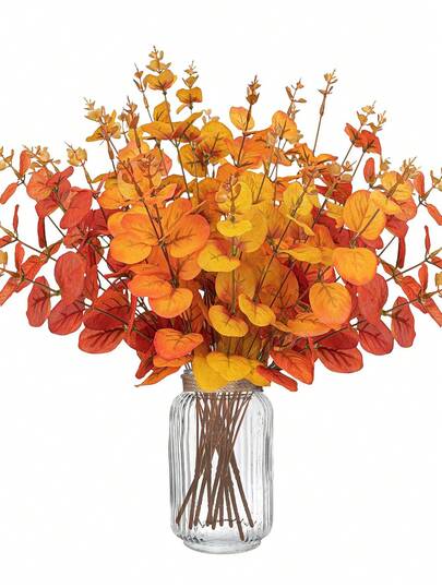 3/6Pcs Artificial Flowers Fall Eucalyptus Leaves Artificial Eucalyptus Leaves Stems Orange Autumn Leaf Branches Fall Leaves For Home Floral Arrangement Festival Decor