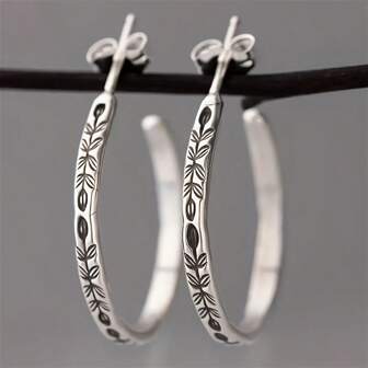 1 Pair Vintage Plant Leaf & Flower Pattern Hoop Earrings, Fashionable & Unique Party Jewelry Gift For Women