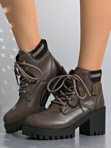 女式粗跟亮面皮革户外防水厚底靴，休闲运动，仿双层袜子装饰