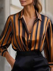 1 pieza Blusa de manga larga con botones y estampado a rayas en todo el diseño, adecuada para vacaciones, citas nocturnas, fiestas, regreso a clases, primavera y otoño