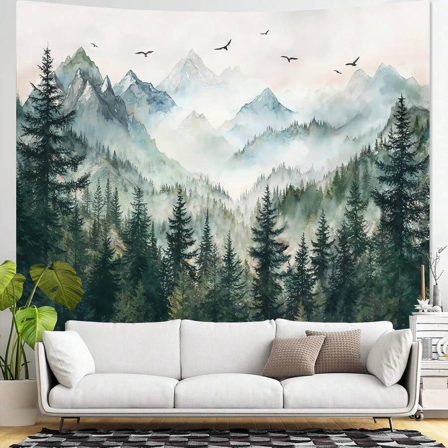 Local Shipping 2025 New Black And White Tapestry Starry Night Mountain Tapestries For Bedroom Aesthetic Moon And Stars Tapastry's Wall Hanging Dark Nature Forest Wall Tapestry For Living Room Dorm (48'' * 36'') - 墨綠色 - 查看 1