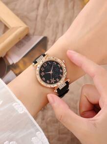 7 件套黑色星空数字石英表和 6 件幸运花项链手链戒指耳环配饰套装，母亲节、情人节、复活节礼物 - 黑色 - 查看 8