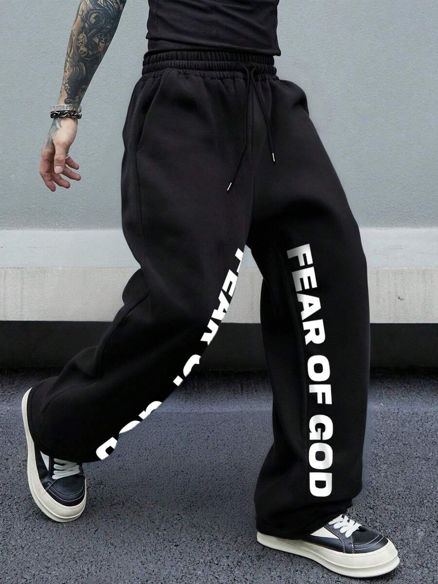 Men's Fashionable Street Text Graphic Print Loose Straight Sweatpants - Black - View 1